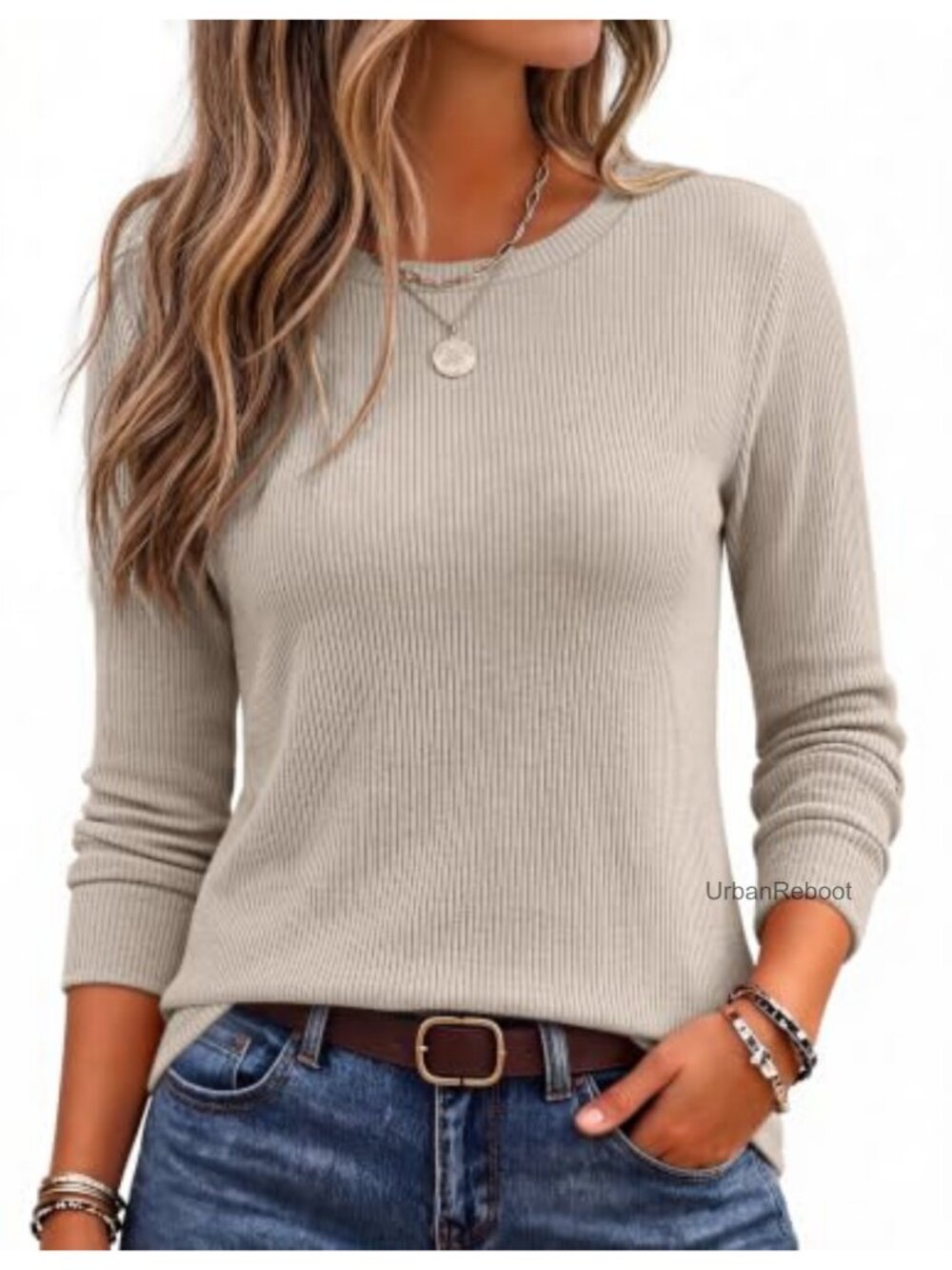 Womens Ribbed Long Sleeve Crewneck Thermal Top Casual Layering Shirt